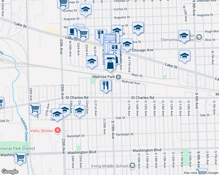 map of restaurants, bars, coffee shops, grocery stores, and more near 35 South 19th Avenue in Maywood