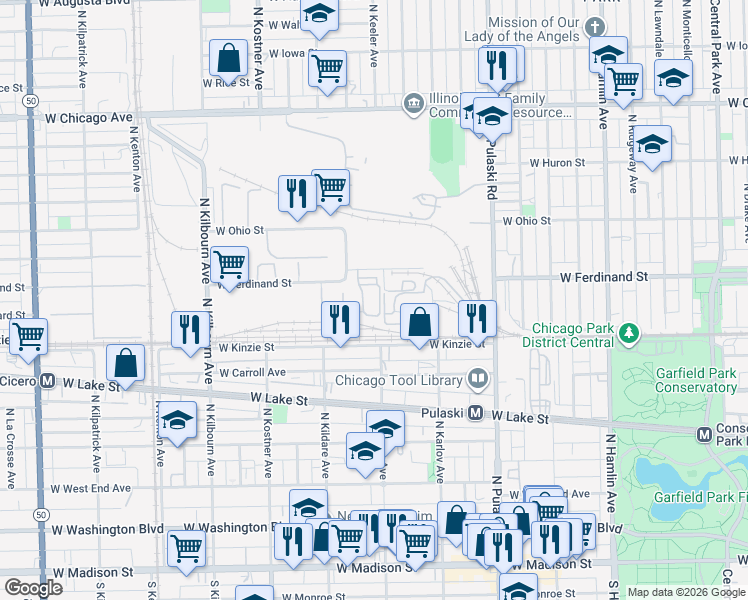 map of restaurants, bars, coffee shops, grocery stores, and more near 4211 West Ferdinand Street in Chicago