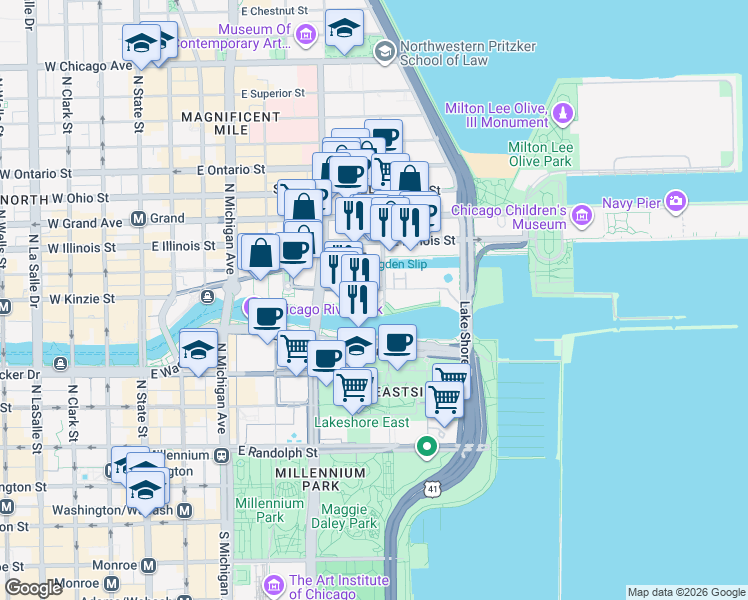 map of restaurants, bars, coffee shops, grocery stores, and more near 400 North McClurg Court in Chicago