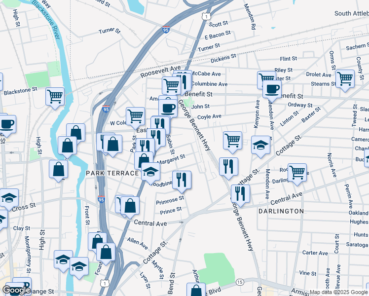 map of restaurants, bars, coffee shops, grocery stores, and more near 33 Mavis St in Pawtucket