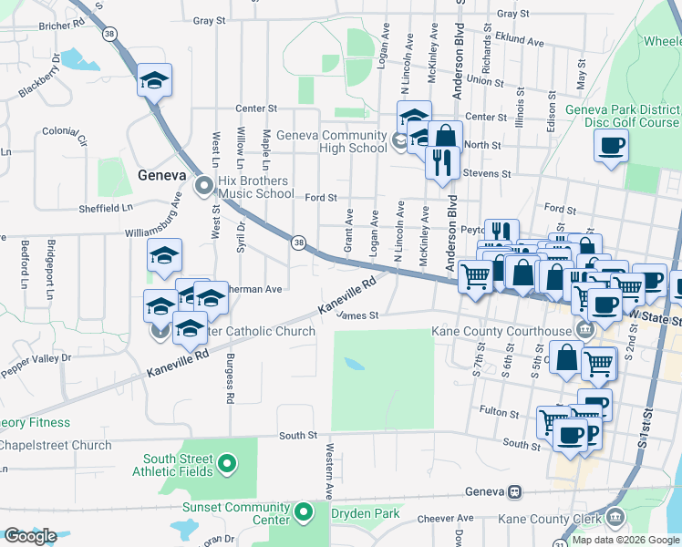map of restaurants, bars, coffee shops, grocery stores, and more near 1222 West State Street in Geneva