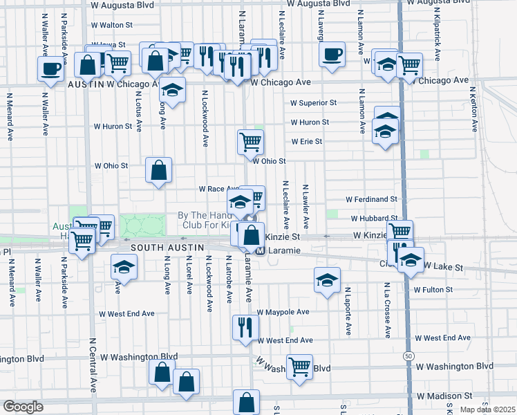 map of restaurants, bars, coffee shops, grocery stores, and more near 5145 West Ferdinand Street in Chicago