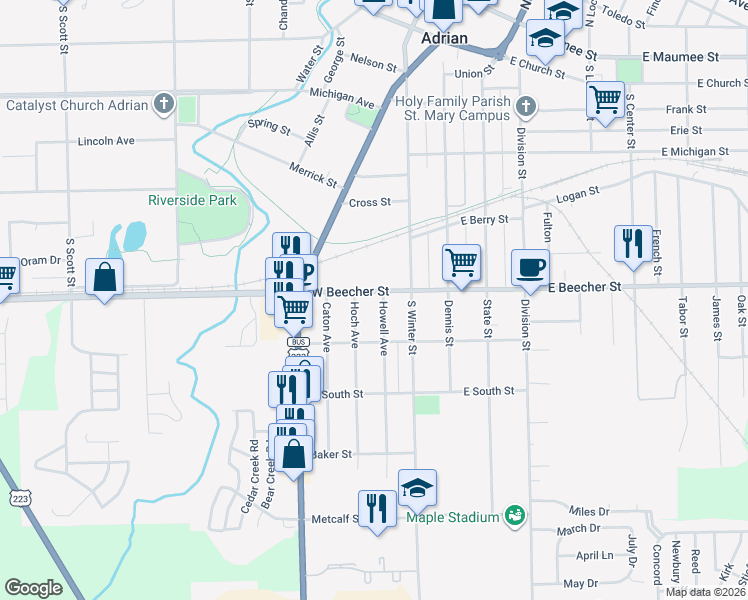 map of restaurants, bars, coffee shops, grocery stores, and more near 719 Hoch Avenue in Adrian