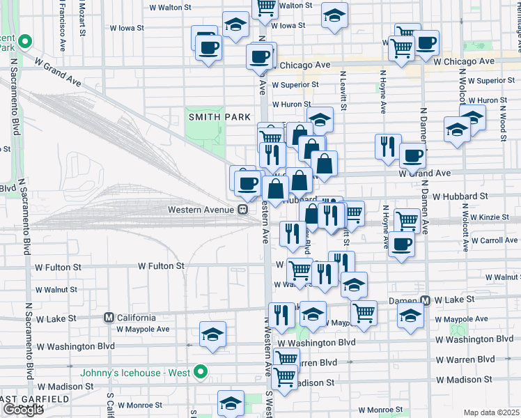 map of restaurants, bars, coffee shops, grocery stores, and more near 410 North Western Avenue in Chicago