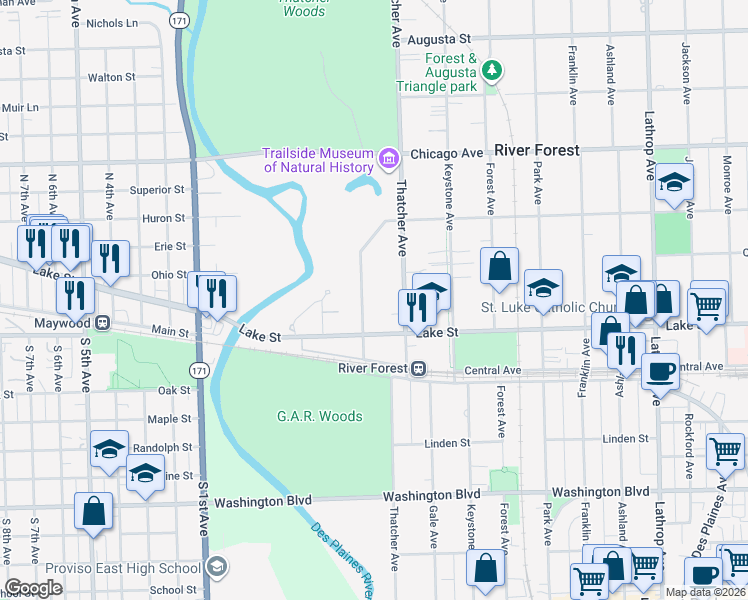 map of restaurants, bars, coffee shops, grocery stores, and more near 531 Edgewood Pl in River Forest