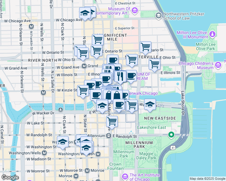 map of restaurants, bars, coffee shops, grocery stores, and more near 401N Michigan Avenue in Chicago