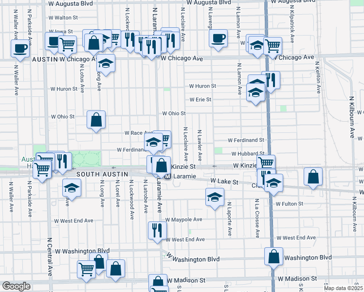 map of restaurants, bars, coffee shops, grocery stores, and more near 5111 West Ferdinand Street in Chicago