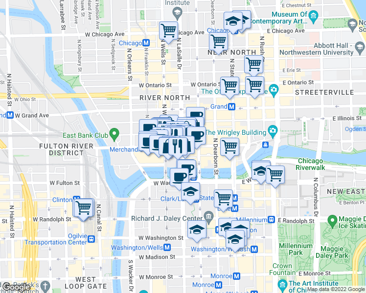 map of restaurants, bars, coffee shops, grocery stores, and more near North LaSalle Boulevard in Chicago