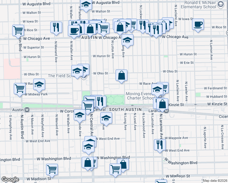 map of restaurants, bars, coffee shops, grocery stores, and more near 5438 West Ferdinand Street in Chicago
