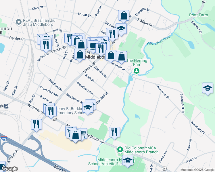 map of restaurants, bars, coffee shops, grocery stores, and more near 34 Rock Street in Middleborough