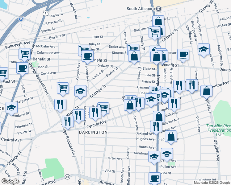 map of restaurants, bars, coffee shops, grocery stores, and more near 65 Chaplin Street in Pawtucket