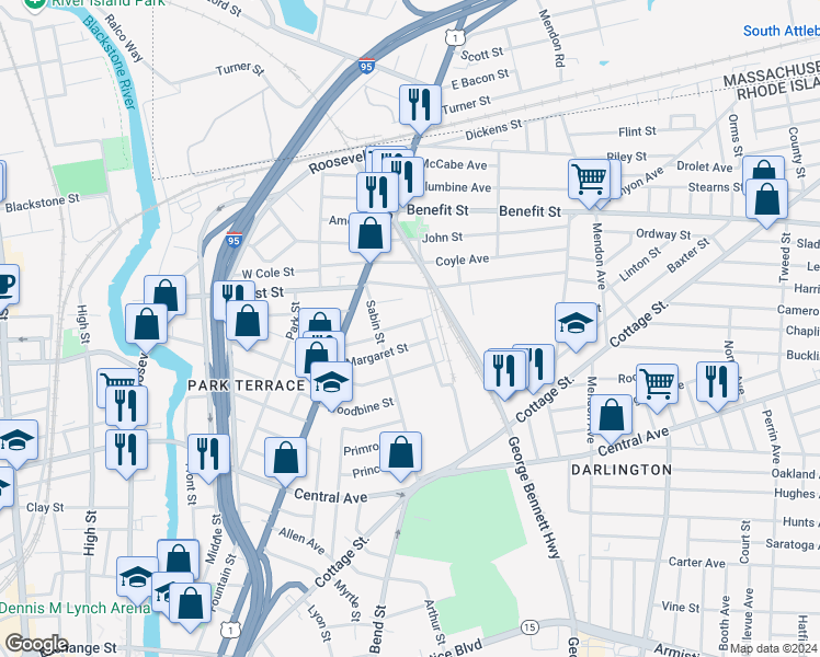 map of restaurants, bars, coffee shops, grocery stores, and more near 33 Mavis Street in Pawtucket