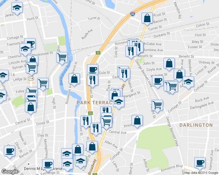 map of restaurants, bars, coffee shops, grocery stores, and more near 46 Lilac Street in Pawtucket