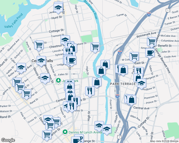 map of restaurants, bars, coffee shops, grocery stores, and more near 37 Charles Street in Central Falls