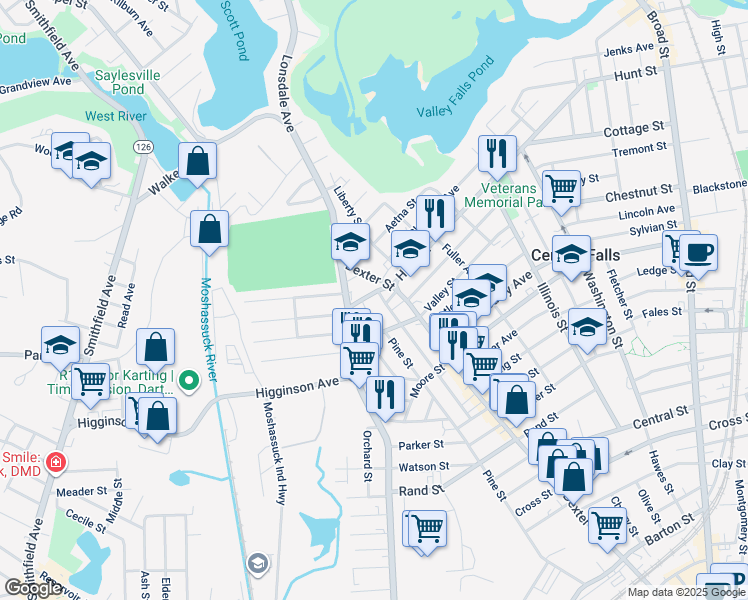 map of restaurants, bars, coffee shops, grocery stores, and more near 48 West Hunt Street in Central Falls
