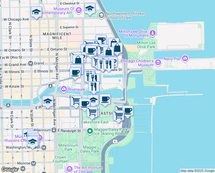 map of restaurants, bars, coffee shops, grocery stores, and more near 657 East North Water Street in Chicago