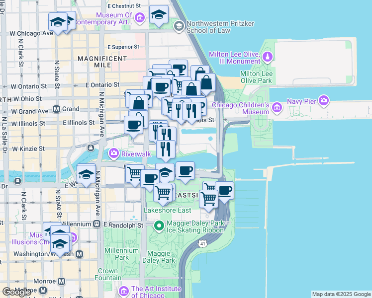map of restaurants, bars, coffee shops, grocery stores, and more near 657 East North Water Street in Chicago