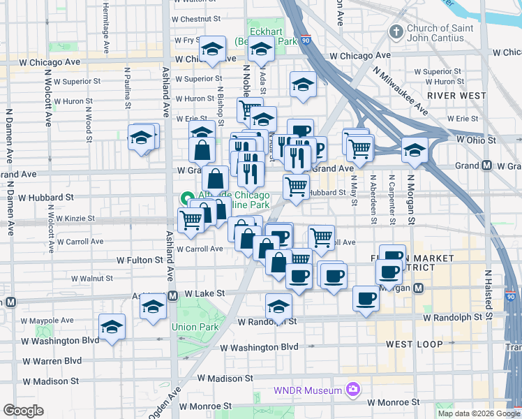 map of restaurants, bars, coffee shops, grocery stores, and more near 409 North Noble Street in Chicago