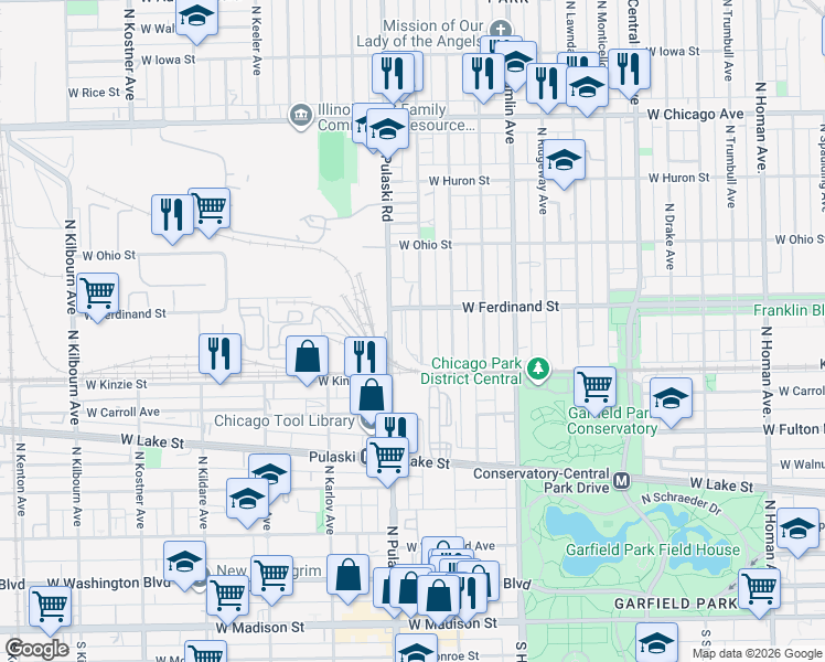 map of restaurants, bars, coffee shops, grocery stores, and more near 435 North Harding Avenue in Chicago
