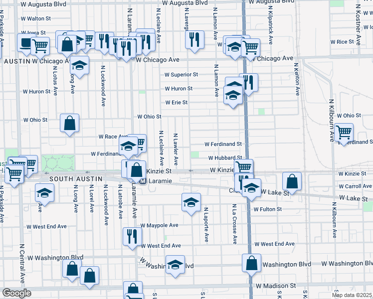 map of restaurants, bars, coffee shops, grocery stores, and more near 439 North Lawler Avenue in Chicago