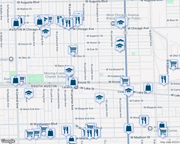 map of restaurants, bars, coffee shops, grocery stores, and more near 439 North Lawler Avenue in Chicago
