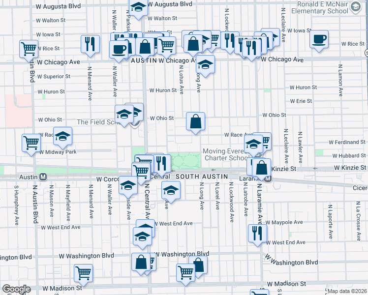 map of restaurants, bars, coffee shops, grocery stores, and more near 5438 West Ferdinand Street in Chicago