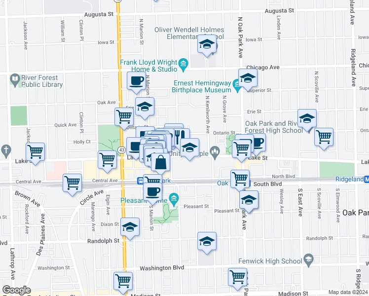 map of restaurants, bars, coffee shops, grocery stores, and more near 954 Lake Street in Oak Park