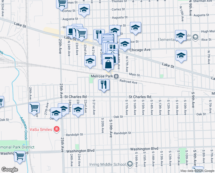 map of restaurants, bars, coffee shops, grocery stores, and more near 35 South 19th Avenue in Maywood