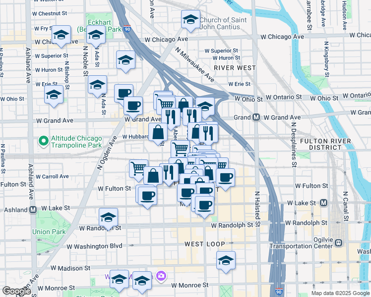 map of restaurants, bars, coffee shops, grocery stores, and more near 1046 West Kinzie Street in Chicago