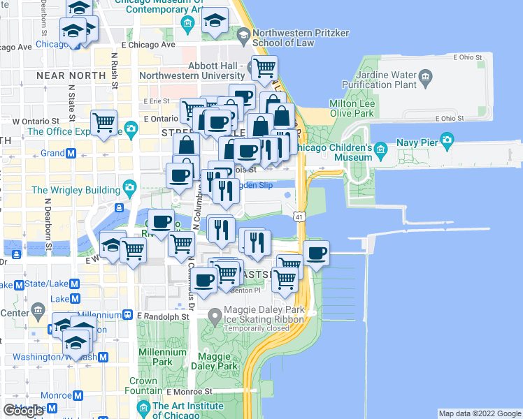 map of restaurants, bars, coffee shops, grocery stores, and more near 657 East North Water Street in Chicago