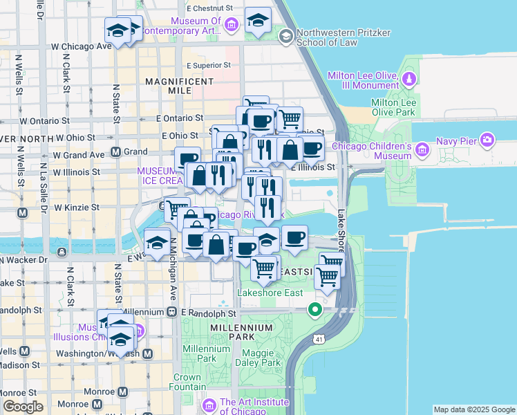 map of restaurants, bars, coffee shops, grocery stores, and more near 301 East North Water Street in Chicago