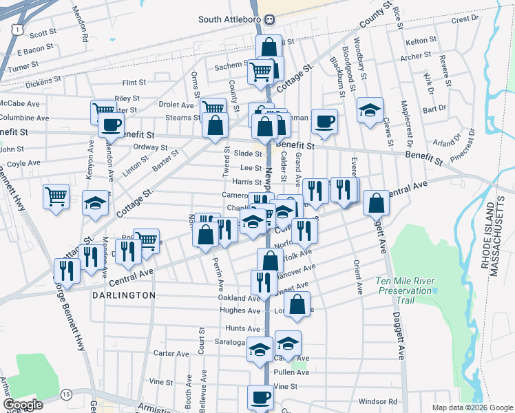 map of restaurants, bars, coffee shops, grocery stores, and more near 163 Chaplin Street in Pawtucket