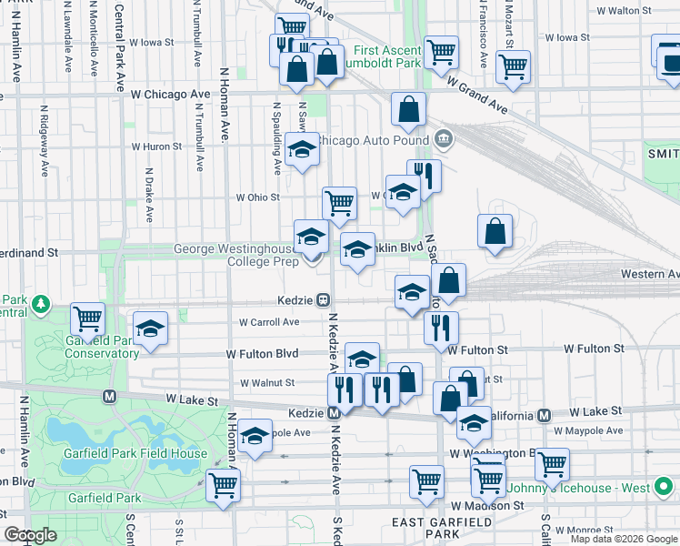 map of restaurants, bars, coffee shops, grocery stores, and more near 422 North Kedzie Avenue in Chicago