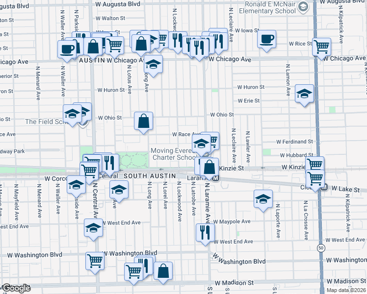 map of restaurants, bars, coffee shops, grocery stores, and more near 5258 West Ferdinand Street in Chicago