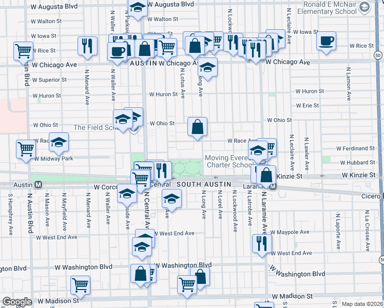 map of restaurants, bars, coffee shops, grocery stores, and more near 5438 West Ferdinand Street in Chicago
