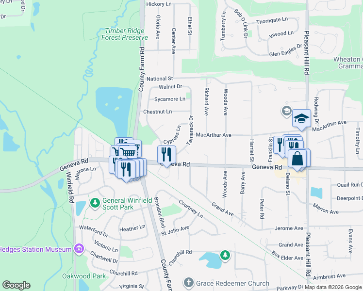 map of restaurants, bars, coffee shops, grocery stores, and more near 18110 Tamarack Drive in Winfield