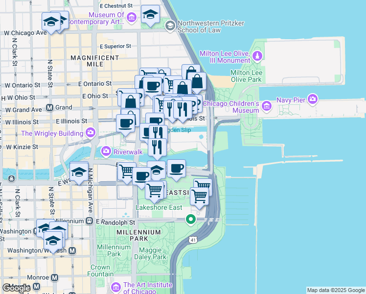 map of restaurants, bars, coffee shops, grocery stores, and more near 657 East North Water Street in Chicago