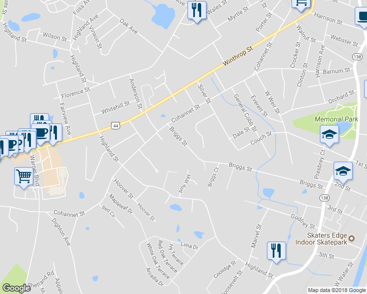 map of restaurants, bars, coffee shops, grocery stores, and more near 132 Briggs Street in Taunton