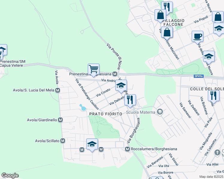 map of restaurants, bars, coffee shops, grocery stores, and more near 50 Via Corato in Roma