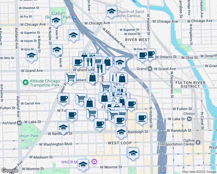 map of restaurants, bars, coffee shops, grocery stores, and more near 1048 West Kinzie Street in Chicago