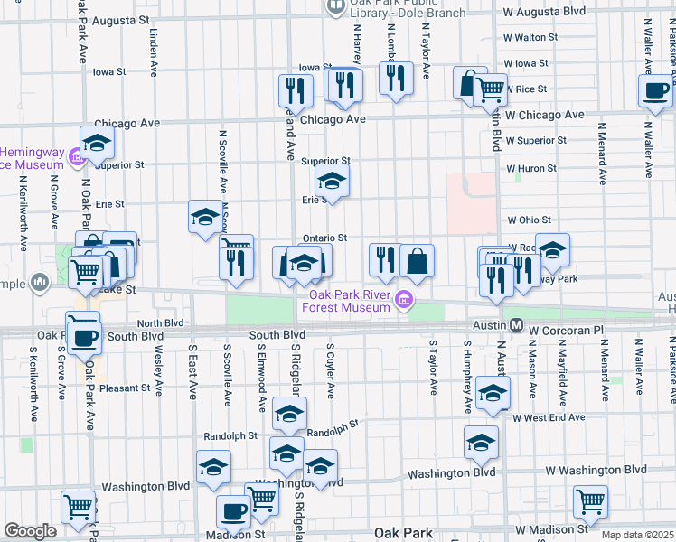 map of restaurants, bars, coffee shops, grocery stores, and more near 148 North Cuyler Avenue in Oak Park