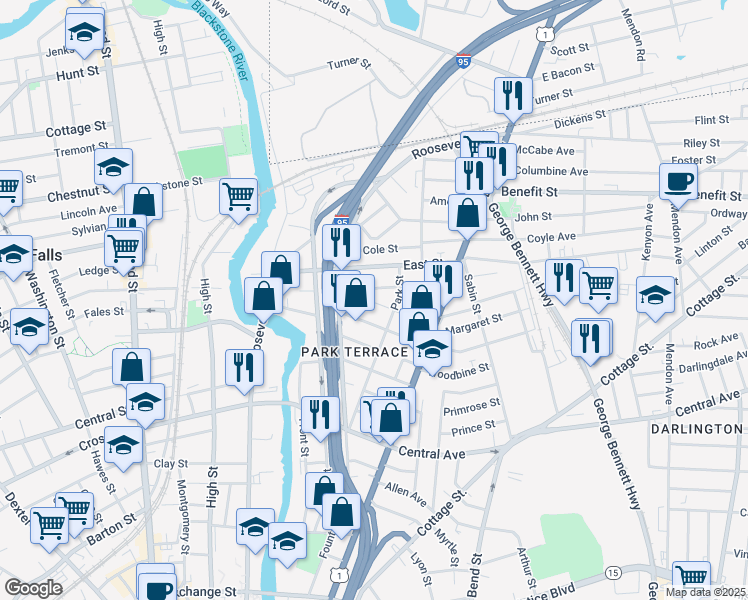 map of restaurants, bars, coffee shops, grocery stores, and more near 20 Lilac Street in Pawtucket