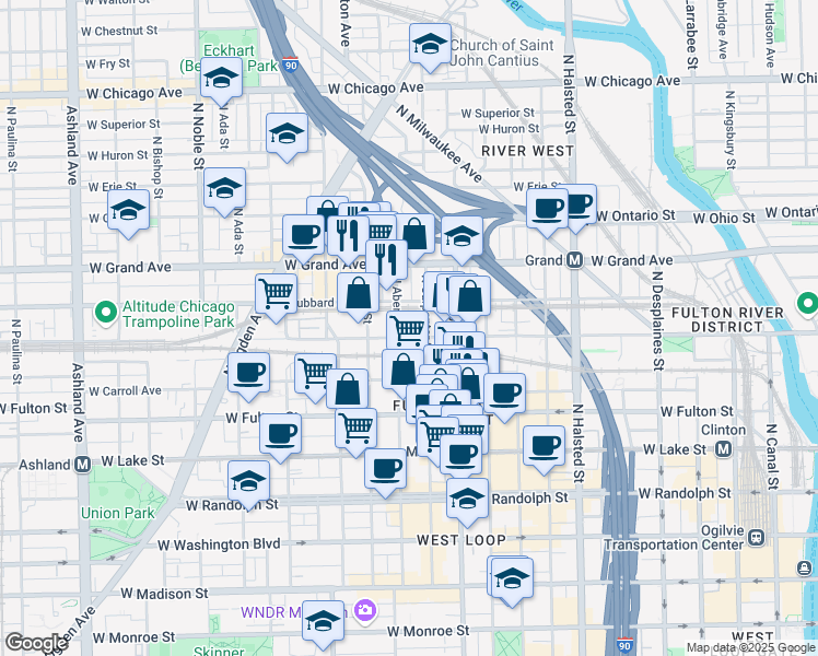 map of restaurants, bars, coffee shops, grocery stores, and more near 1048 West Kinzie Street in Chicago