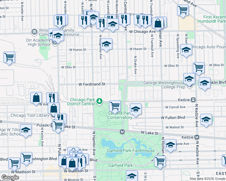map of restaurants, bars, coffee shops, grocery stores, and more near 425 North Lawndale Avenue in Chicago