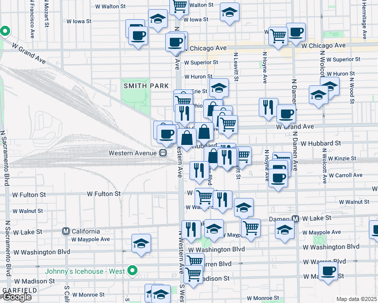 map of restaurants, bars, coffee shops, grocery stores, and more near 2321 West Hubbard Street in Chicago
