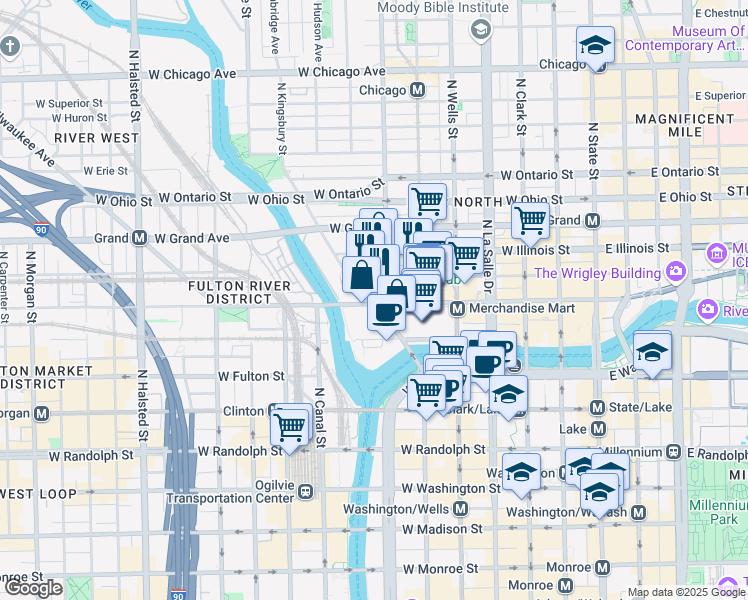 map of restaurants, bars, coffee shops, grocery stores, and more near 511 West Kinzie Street in Chicago
