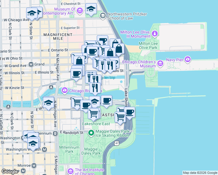map of restaurants, bars, coffee shops, grocery stores, and more near 415 East North Water Street in Chicago