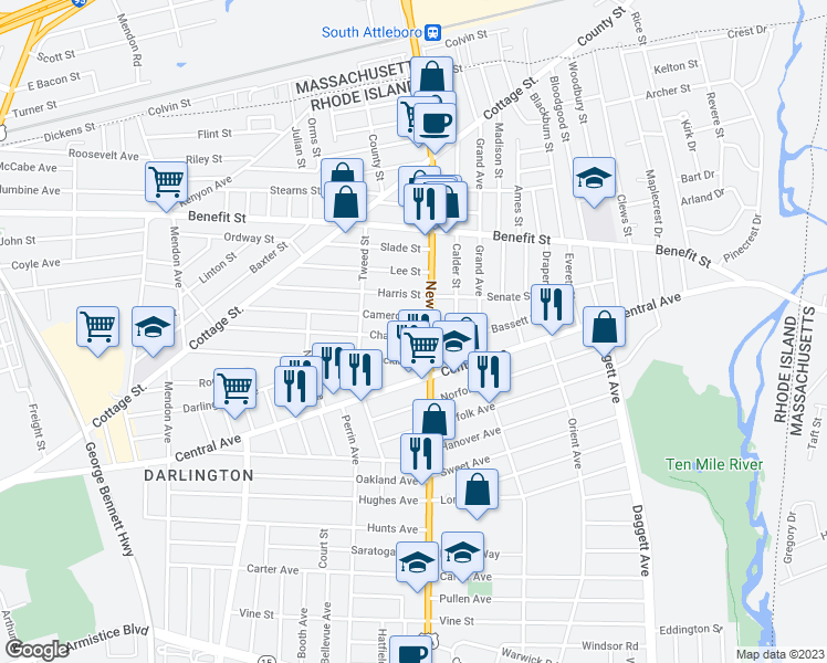 map of restaurants, bars, coffee shops, grocery stores, and more near 170 Chaplin Street in Pawtucket