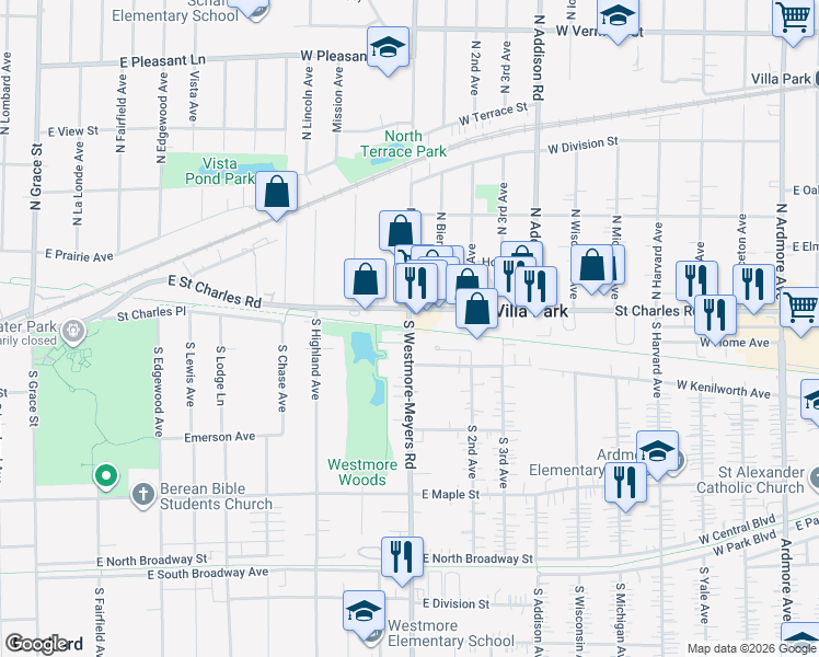 map of restaurants, bars, coffee shops, grocery stores, and more near 6 Kenilworth Court in Lombard