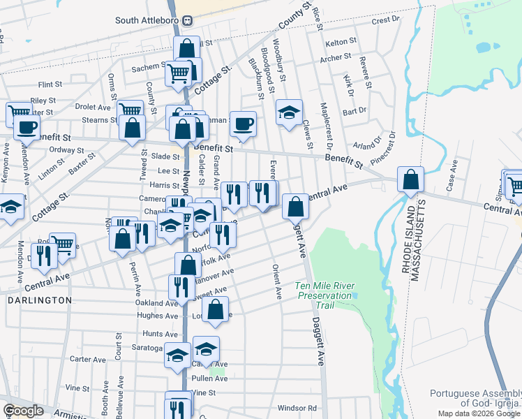 map of restaurants, bars, coffee shops, grocery stores, and more near 887 Central Avenue in Pawtucket